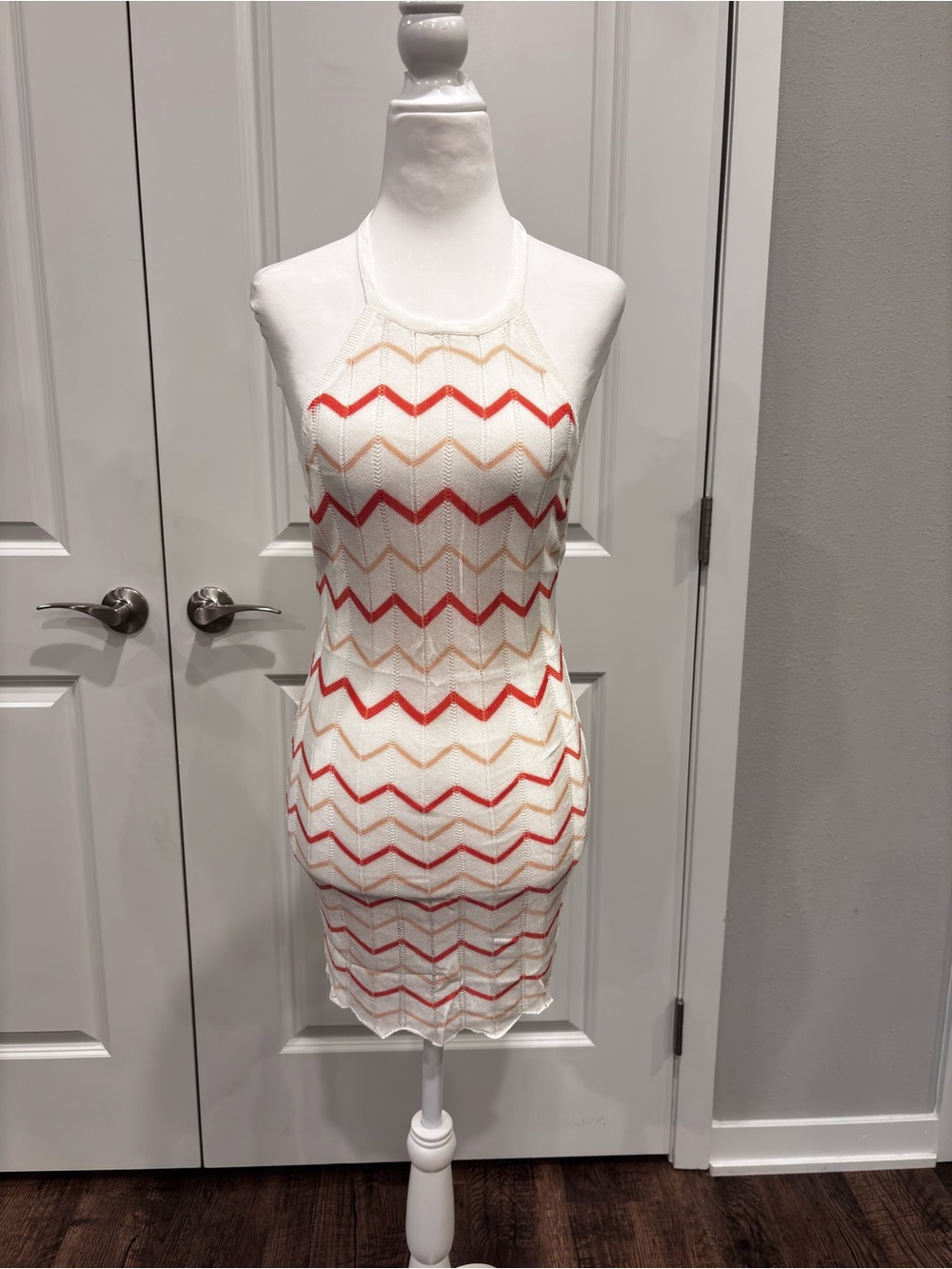 Swimsuit Coverup Cream With Coral & Peach Chevron Stripes Sheer Knit XS